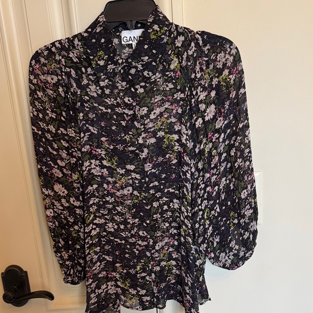 Ganni Black and Pink Floral Blouse button front